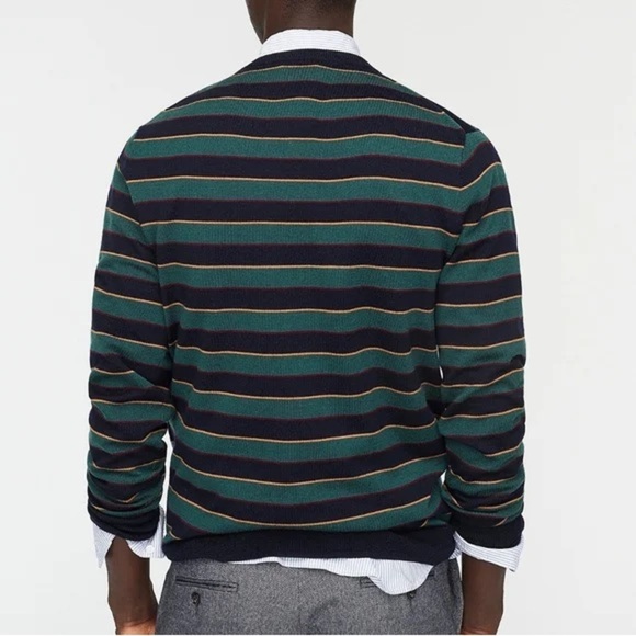 J. Crew Green Blue Striped Crewneck Sweater Merino Wool Men’s Size Medium Slim - Picture 1 of 14